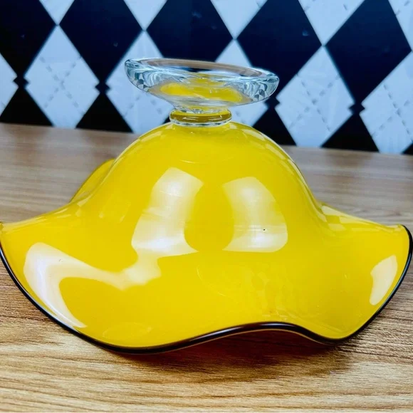 Vintage Amber Glass Wide Compote Bowl Pedestal Midcentury Décor Statement Piece - Picture 12 of 17